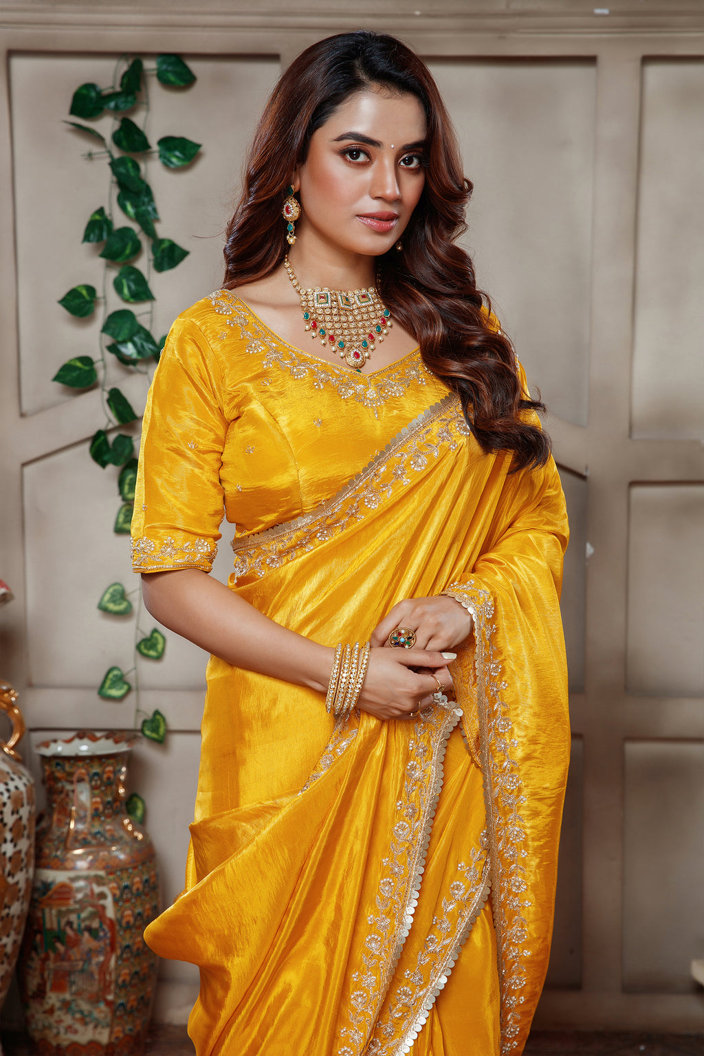 Yellow Tissue Dola Silk Solid Saree with Readymade Blouse and Beaded Work Border - yellow silk saree