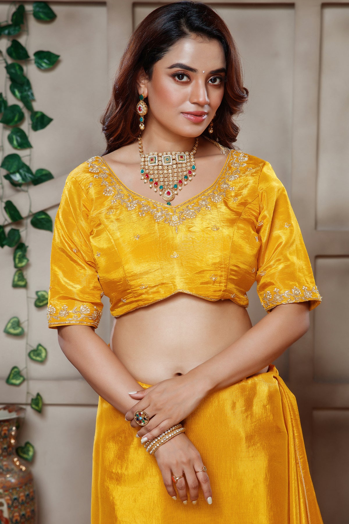 Yellow Tissue Dola Silk Solid Saree with Readymade Blouse and Beaded Work Border - yellow silk saree
