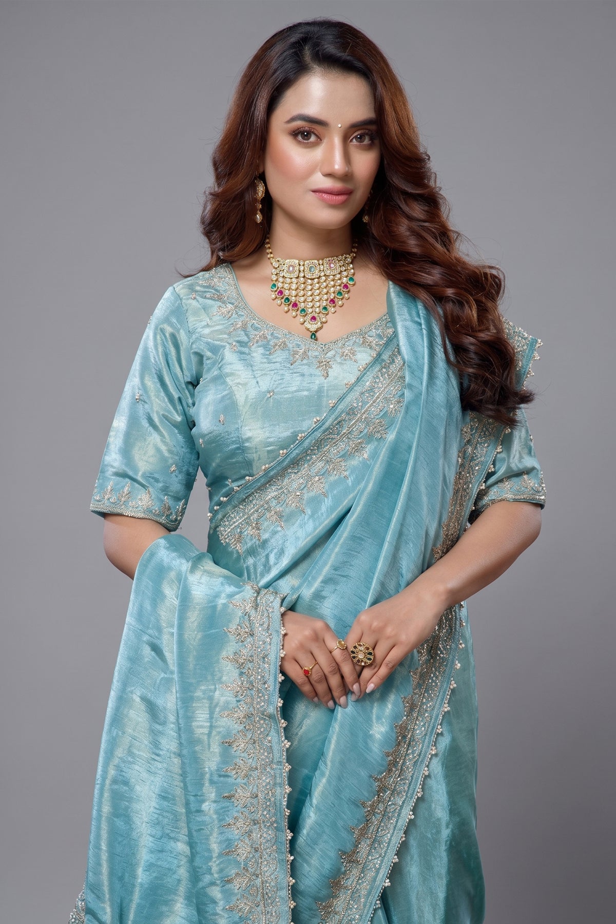 Saree with Readymade Aqua Blue Blouse