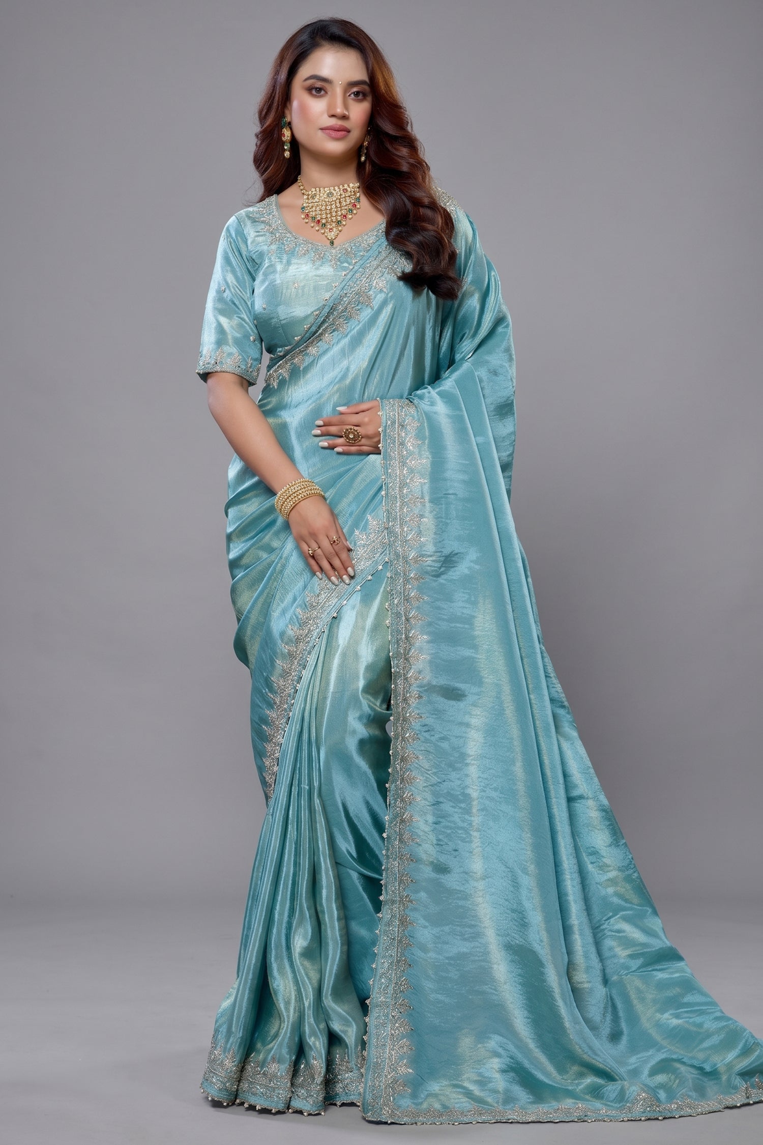 Aqua Blue Tissue Dola Silk Solid Saree Main image