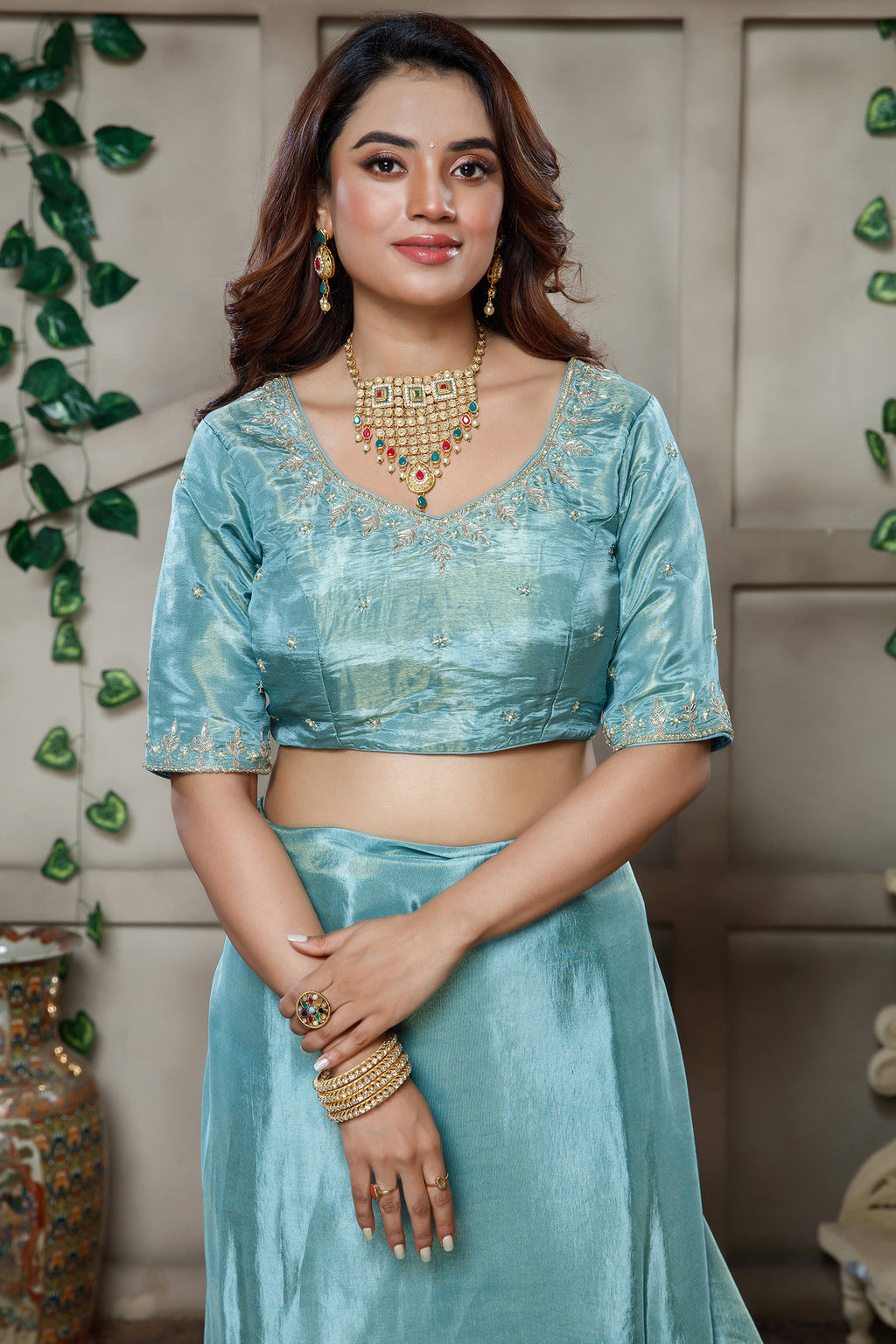 Aqua Blue Tissue Dola Silk Solid Saree with Readymade Blouse and Beaded Cutdana Work Border - blue silk saree