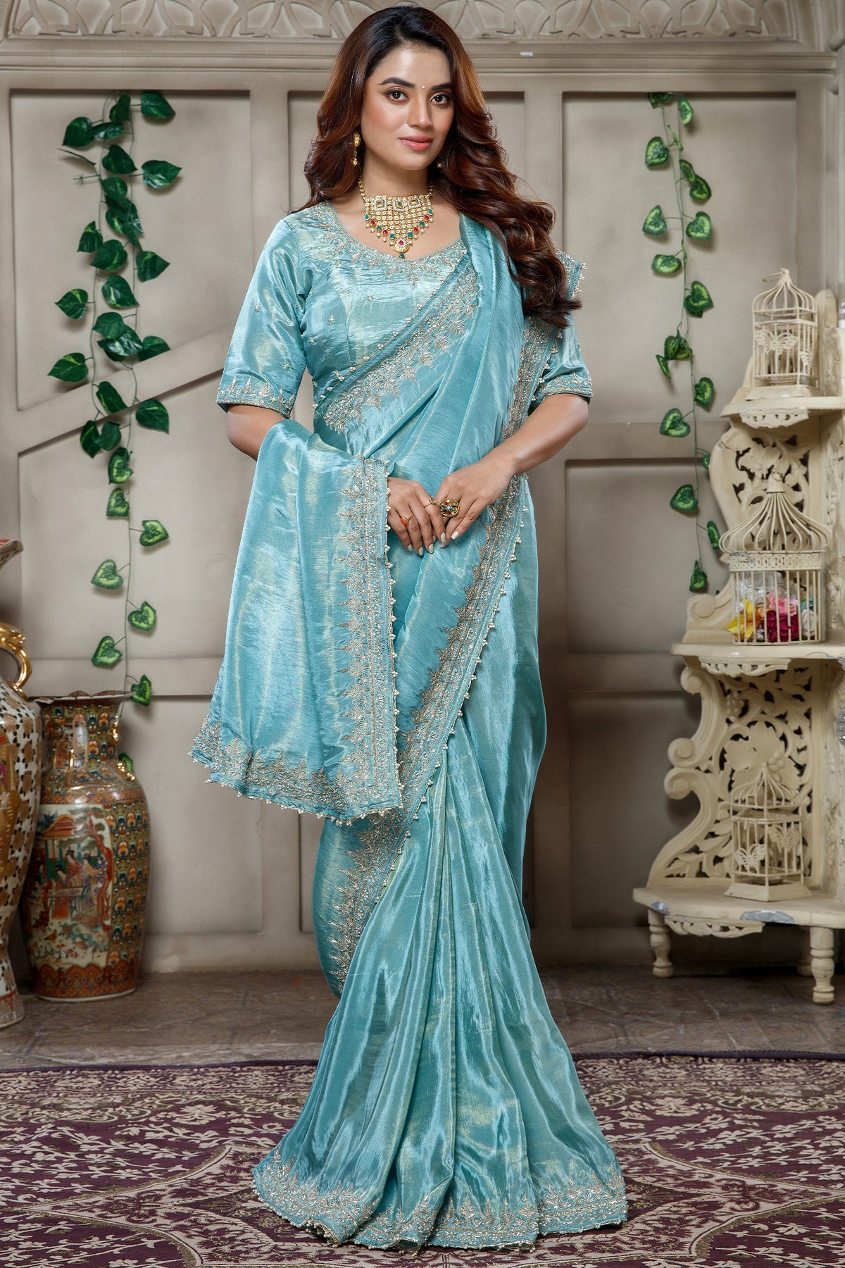 Aqua Blue Tissue Dola Silk Solid Saree with Readymade Blouse and Beaded Cutdana Work Border - blue silk saree