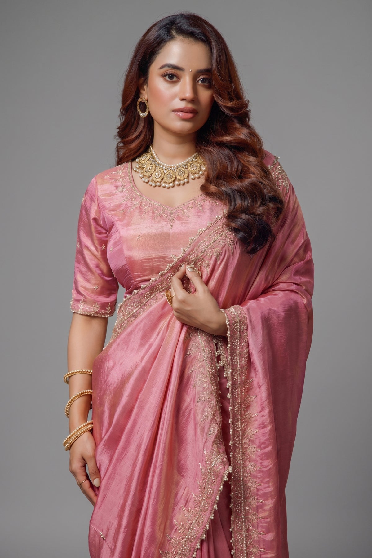 Saree with Readymade Rose Pink Blouse