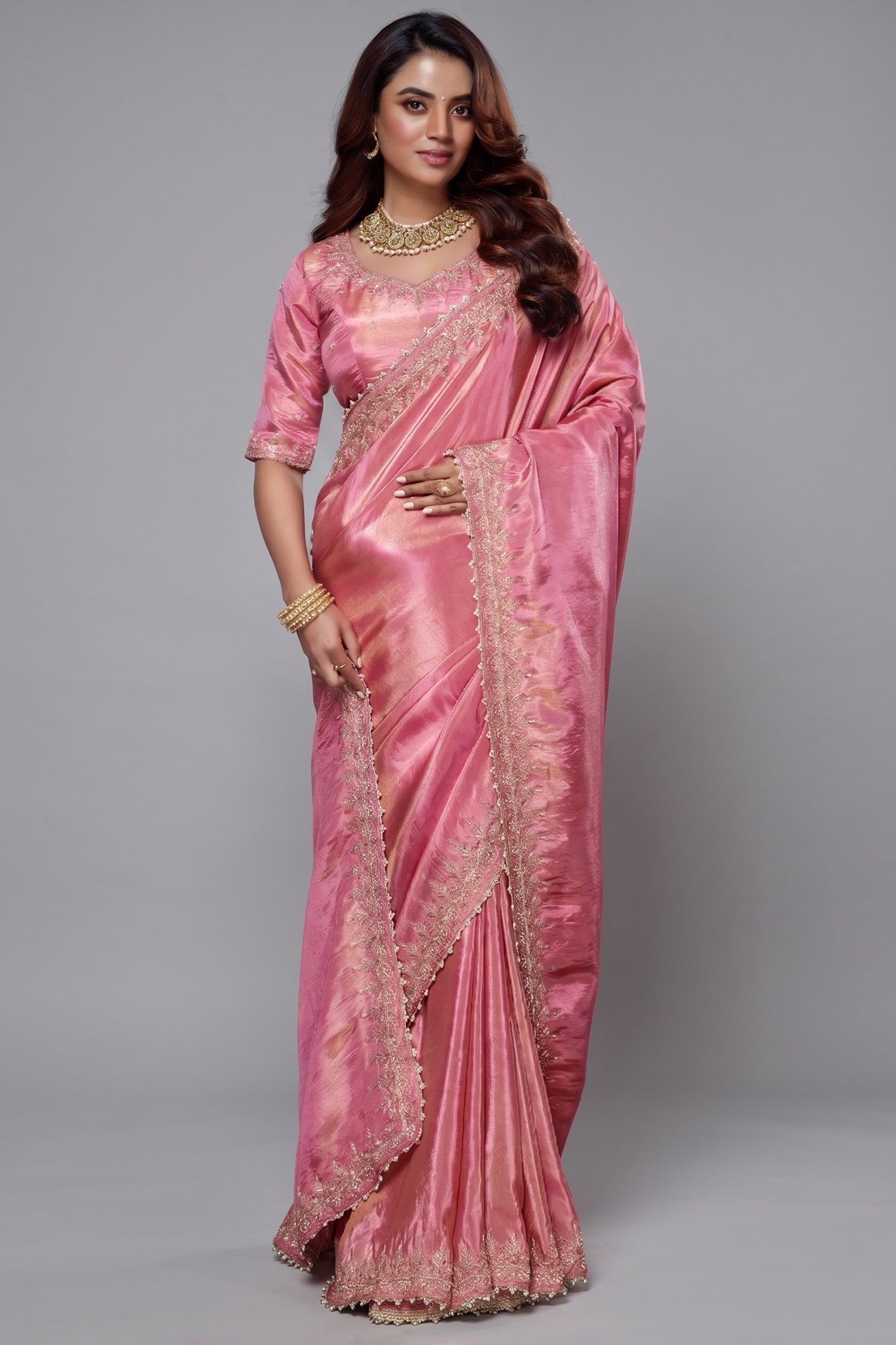 Rose Pink Tissue Dola Silk Solid Saree Main image