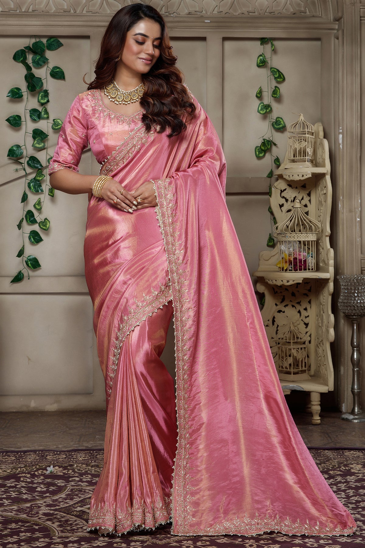 Rose Pink Tissue Dola Silk Solid Saree with Readymade Blouse and Beaded Cutdana Work Border - pink silk saree