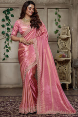 Rose Pink Tissue Dola Silk Solid Saree with Readymade Blouse and Beaded Cutdana Work Border - pink silk saree