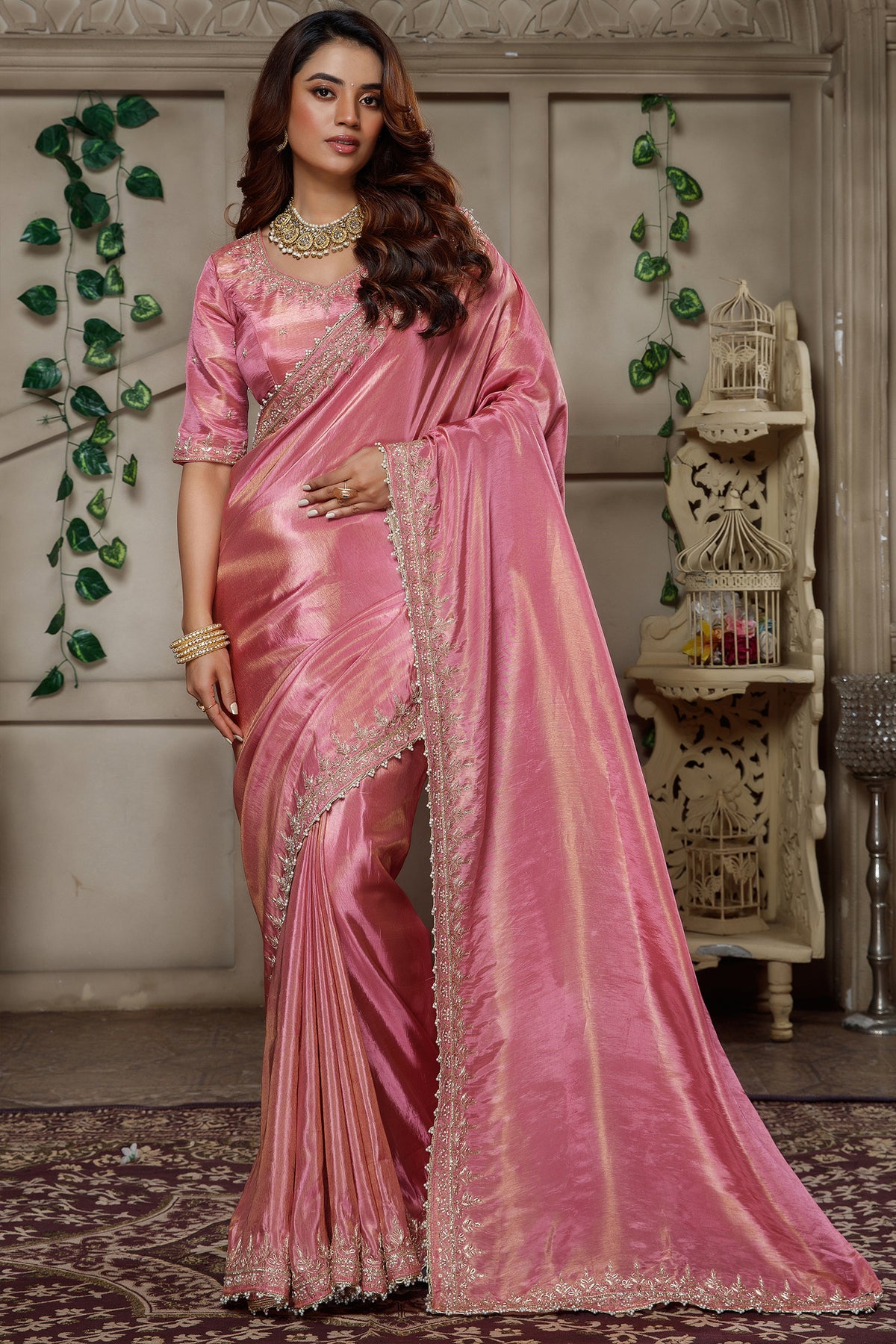 Rose Pink Tissue Dola Silk Solid Saree with Readymade Blouse and Beaded Cutdana Work Border - pink silk saree