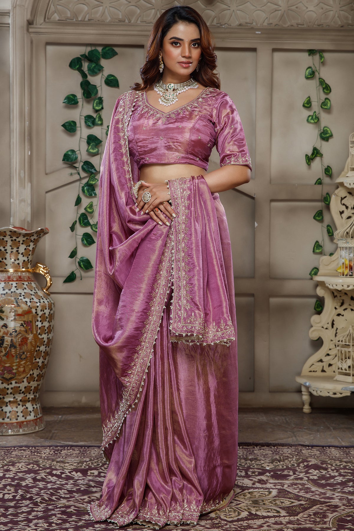Mauve Purple Tissue Dola Silk Solid Saree with Readymade Blouse and Beaded Cutdana Work Border - purple silk saree