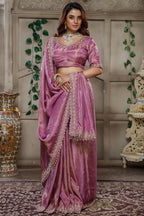 Mauve Purple Tissue Dola Silk Solid Saree with Readymade Blouse and Beaded Cutdana Work Border - purple silk saree