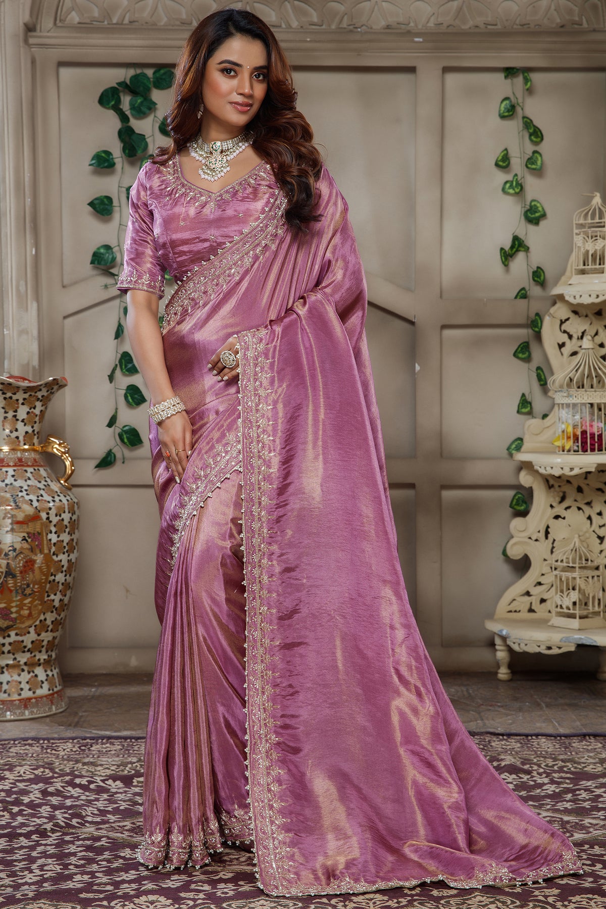 Mauve Purple Tissue Dola Silk Solid Saree with Readymade Blouse and Beaded Cutdana Work Border - purple silk saree