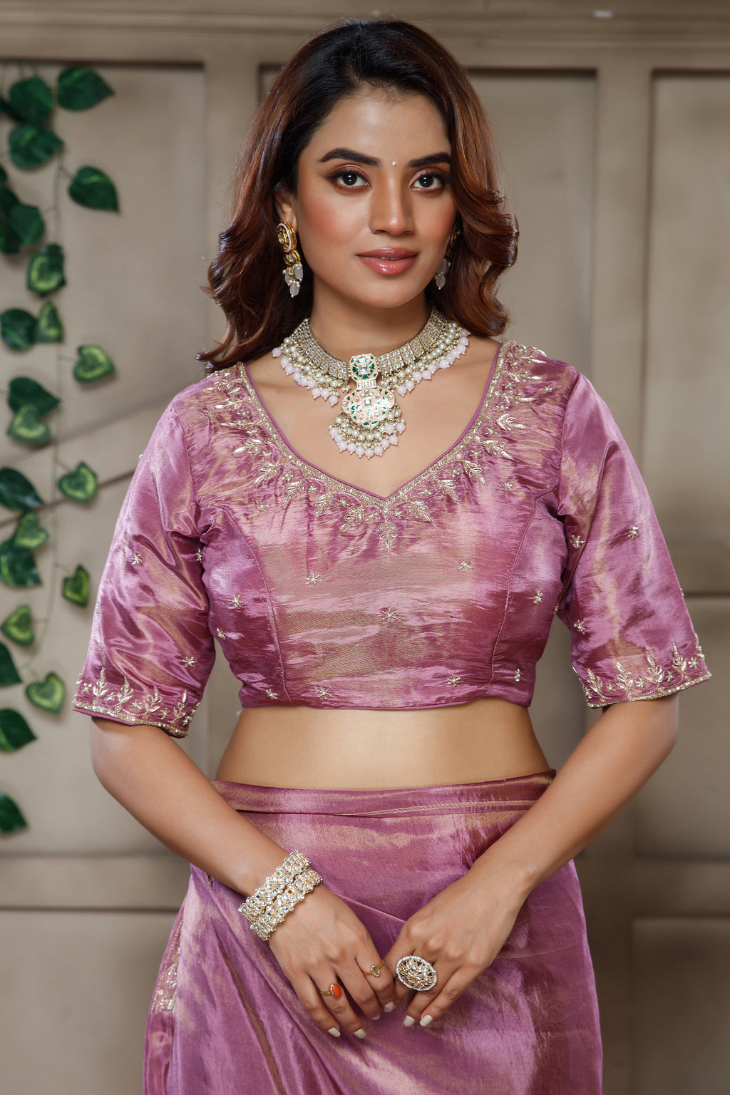 Mauve Purple Tissue Dola Silk Solid Saree with Readymade Blouse and Beaded Cutdana Work Border - purple silk saree
