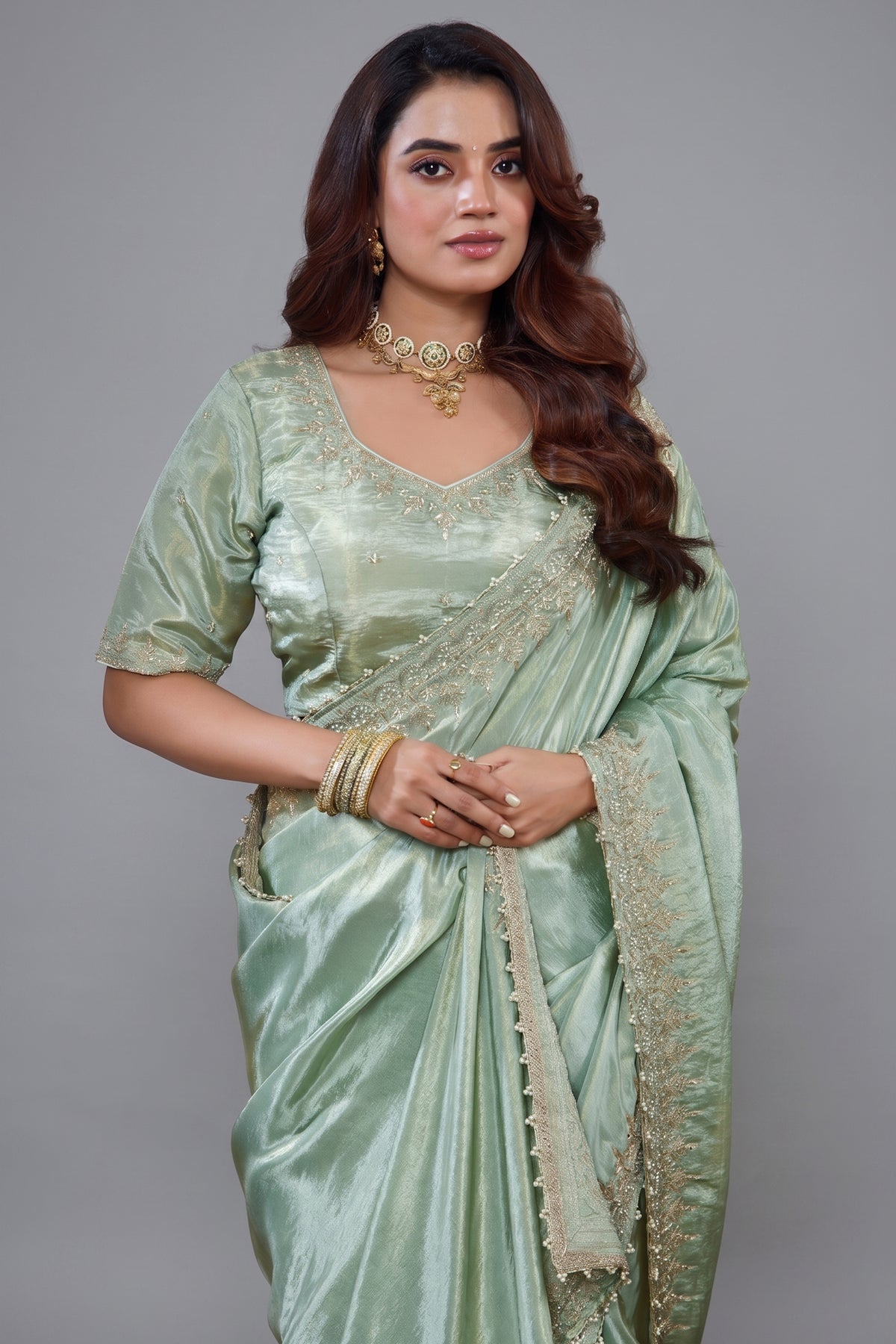 Saree with Readymade Light Pistachio Blouse