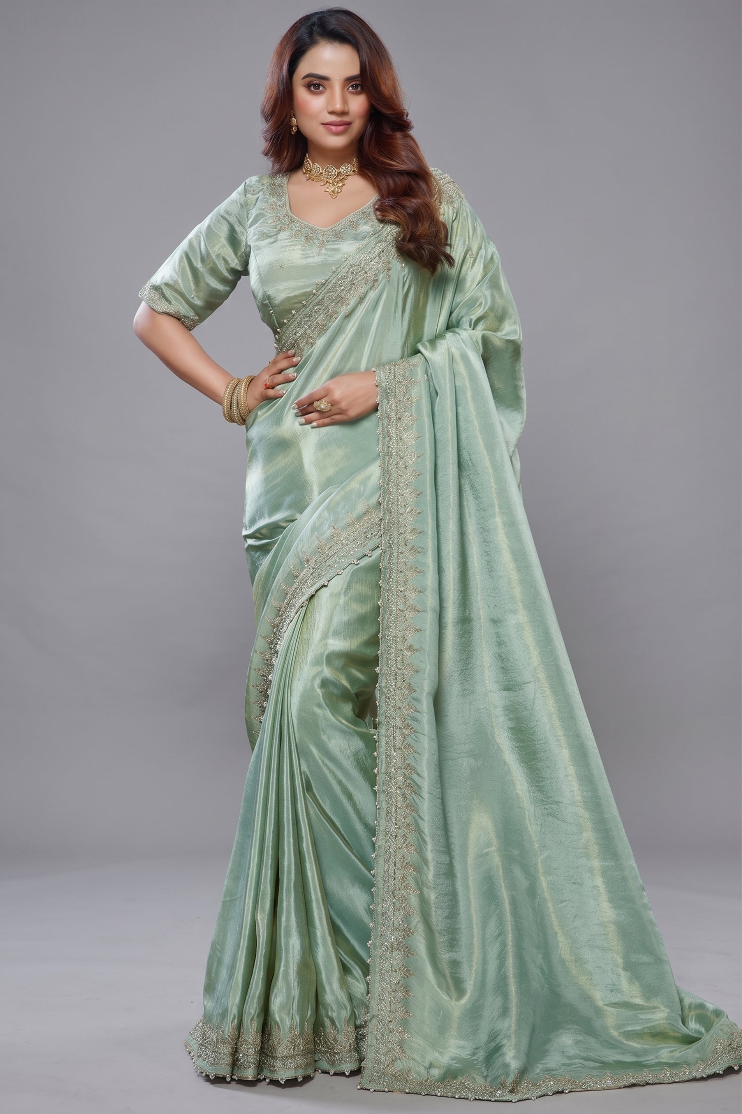 Light Pistachio Tissue Dola Silk Solid Saree Main image