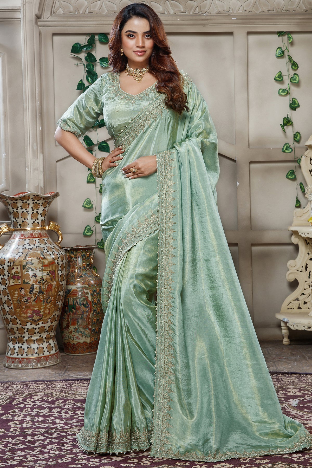Light Pistachio Tissue Dola Silk Solid Saree with Readymade Blouse and Beaded Cutdana Work Border - silk saree