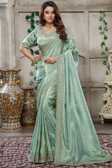 Light Pistachio Tissue Dola Silk Solid Saree with Readymade Blouse and Beaded Cutdana Work Border - silk saree