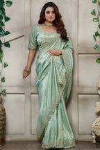 Light Pistachio Tissue Dola Silk Solid Saree with Readymade Blouse and Beaded Cutdana Work Border - silk saree