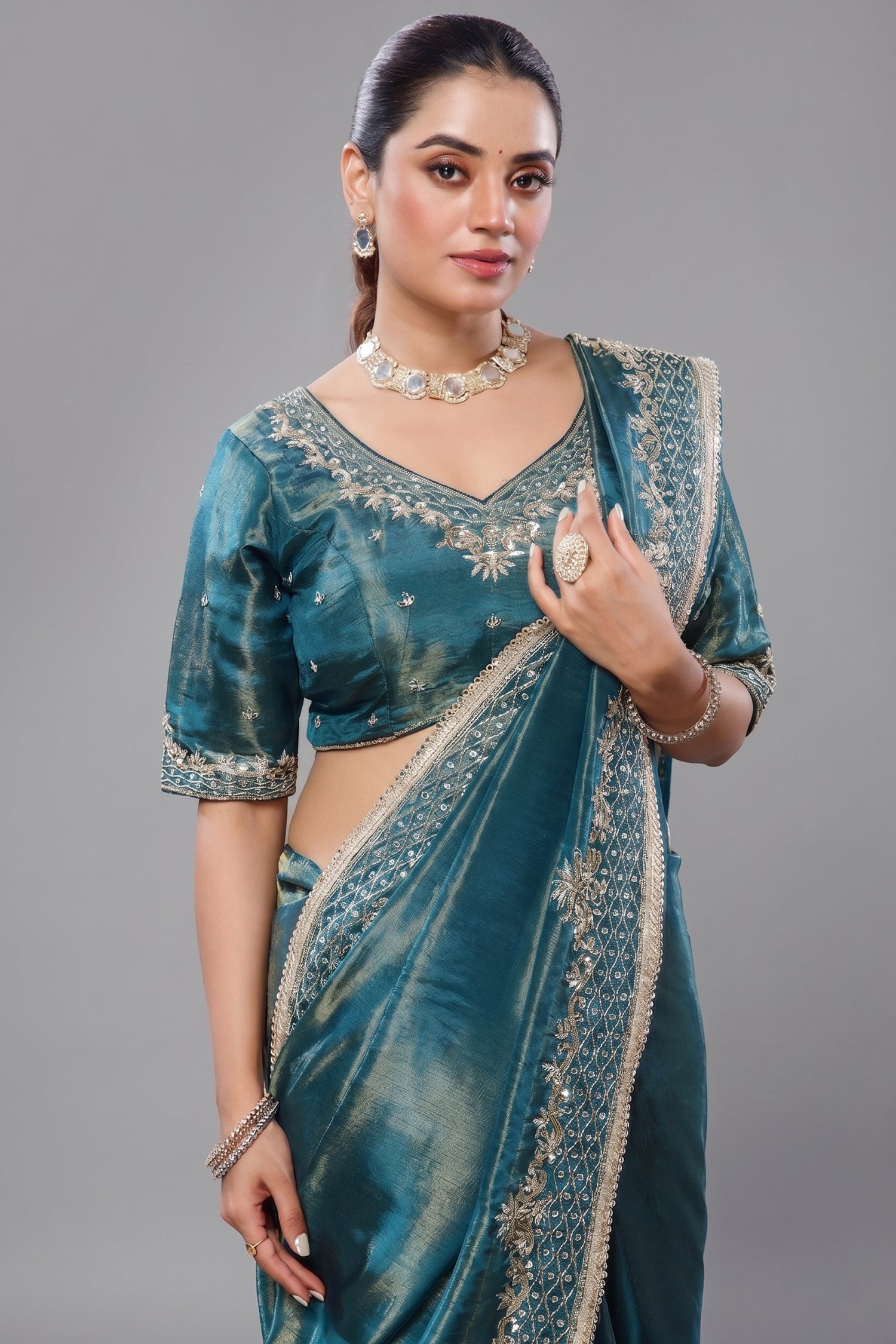 Teal Blue Tissue Dola Silk Saree with Readymade Blouse and Applique Cutdana Work Secondary image
