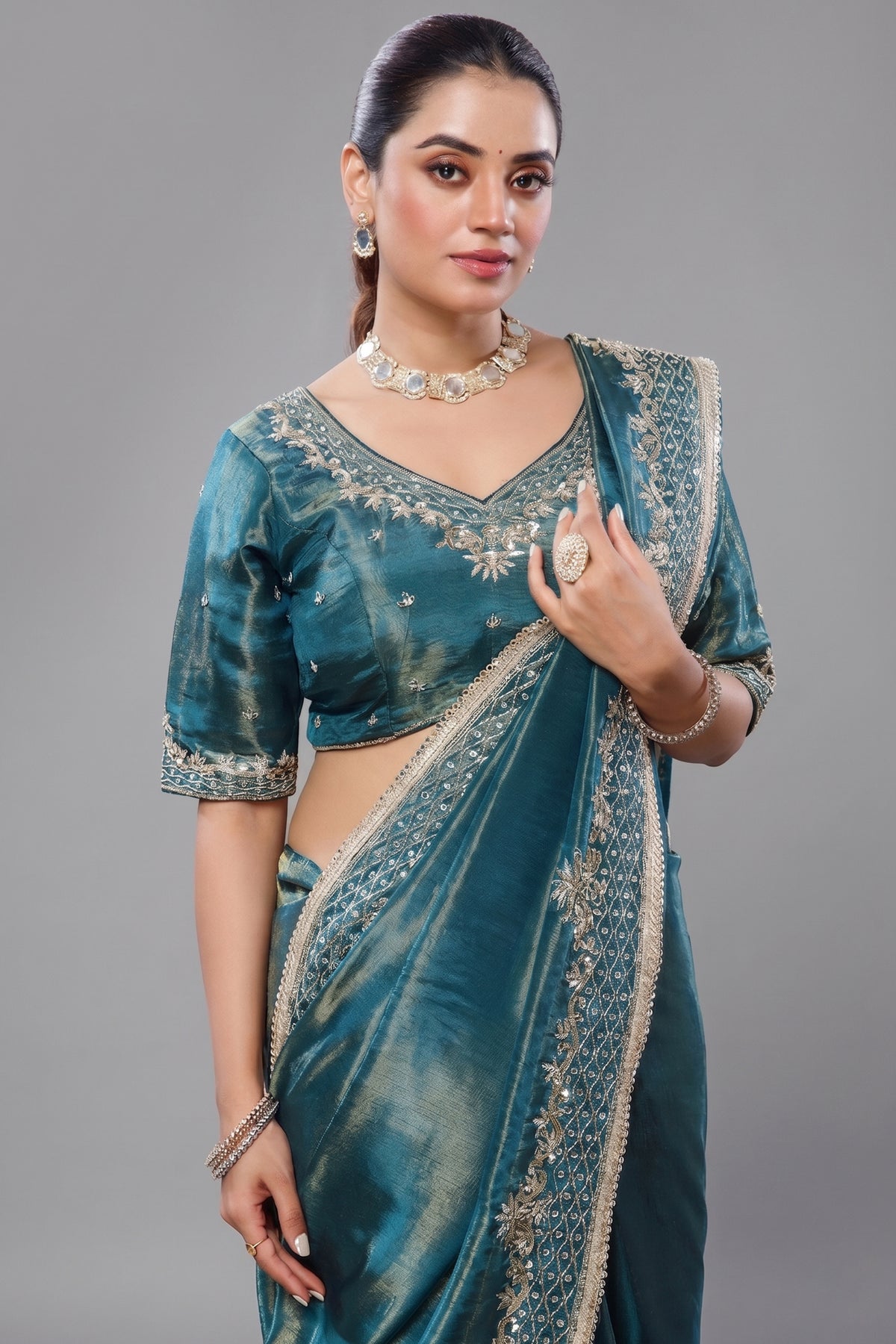 Saree with Readymade Teal Blue Blouse