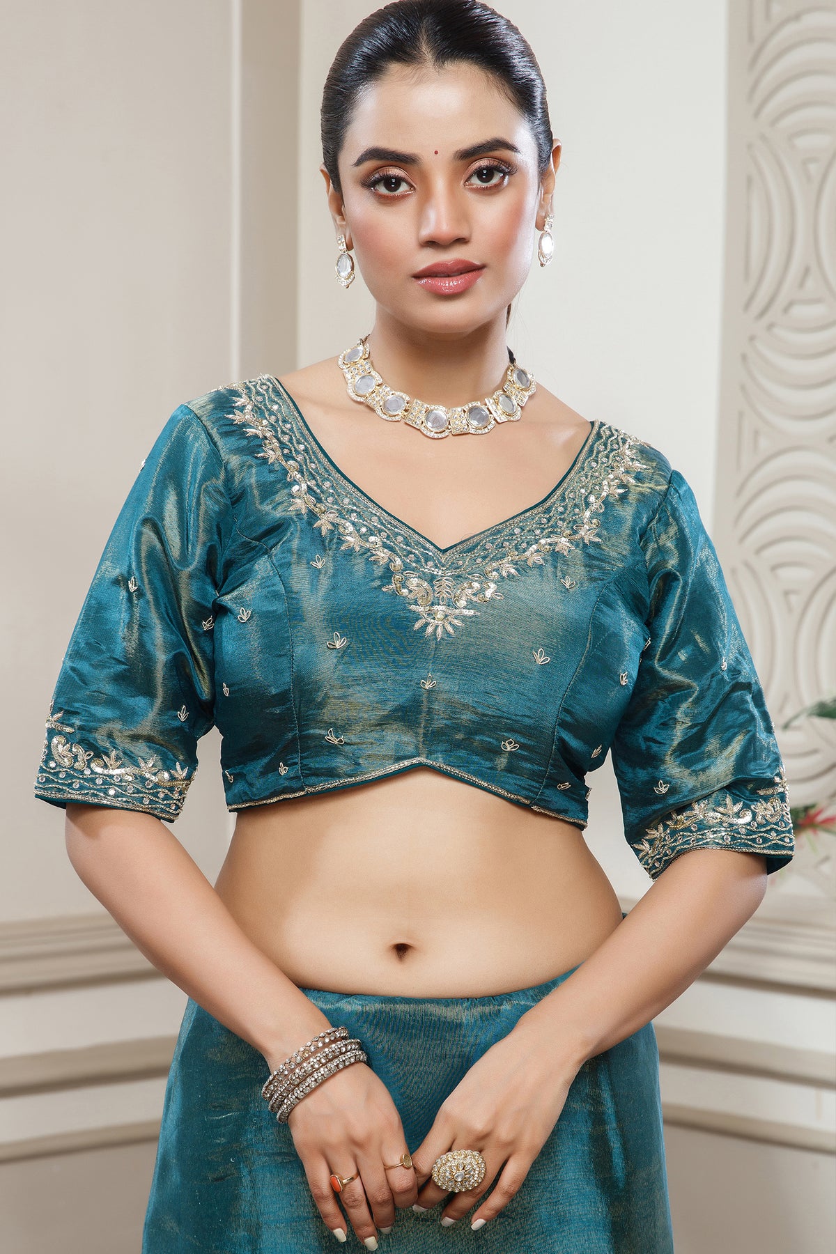 Teal Blue Tissue Dola Silk Saree with Readymade Blouse and Applique Cutdana Work - blue silk saree