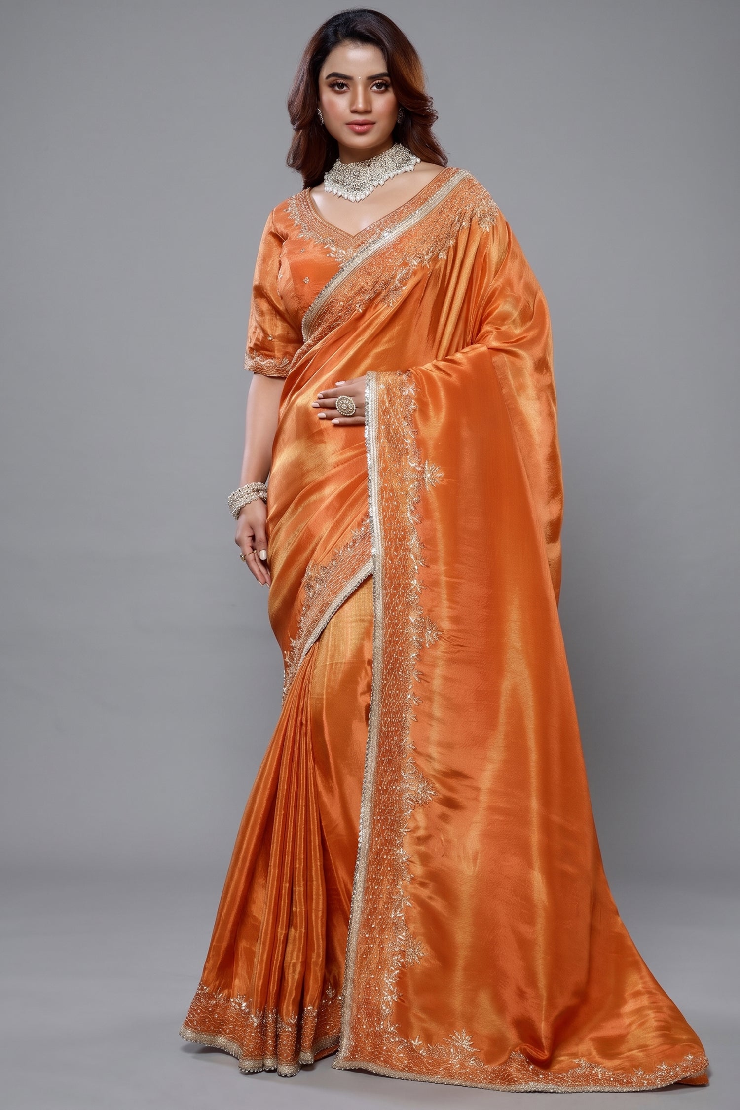 Orange Tissue Dola Silk Saree Main image