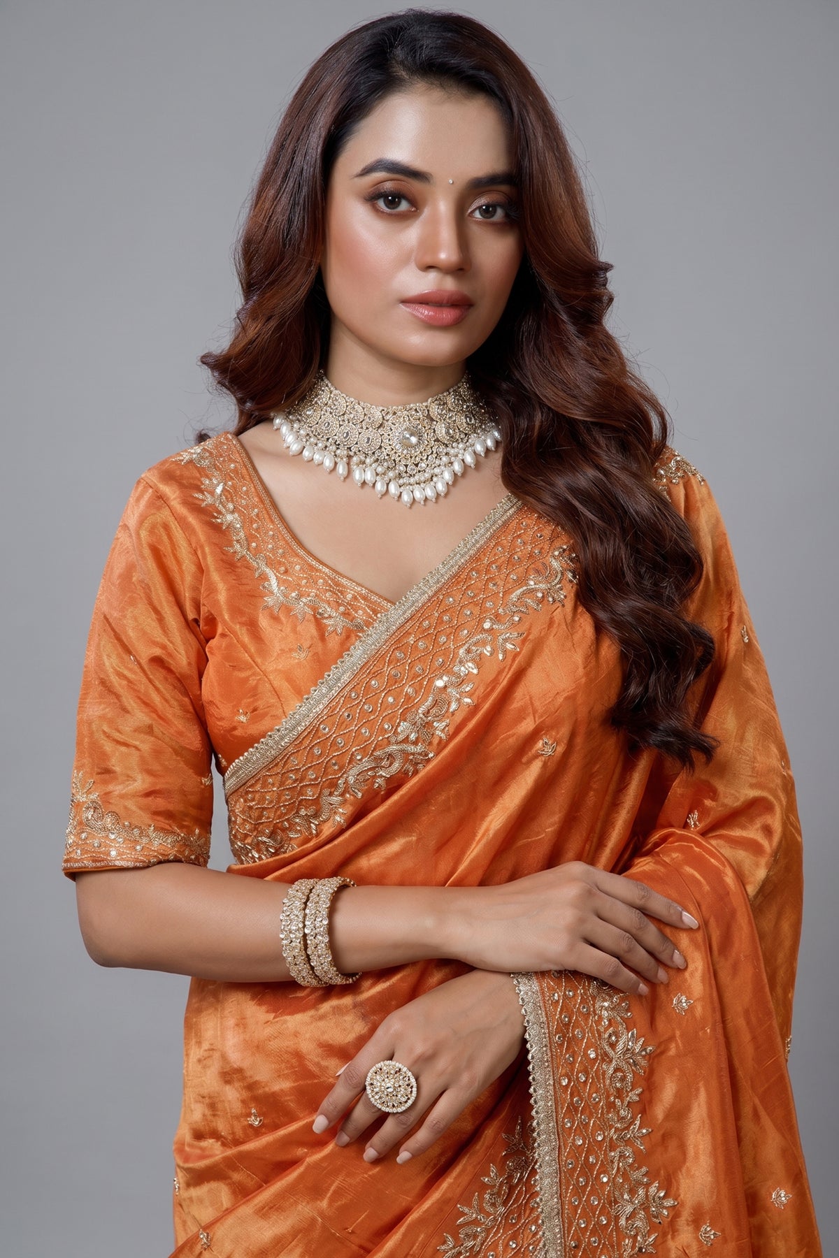 Saree with Readymade Orange Blouse