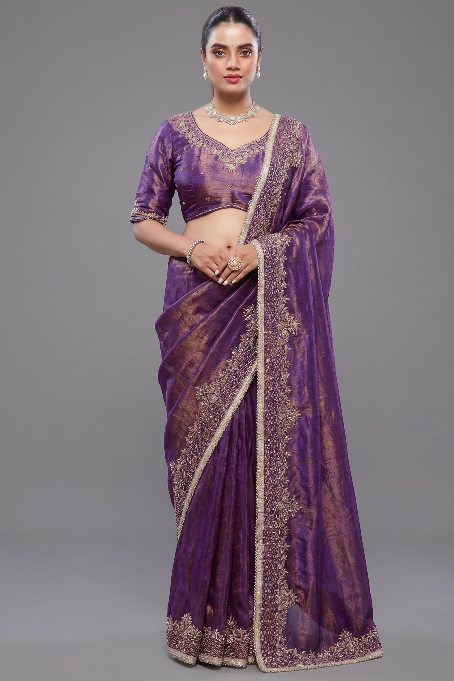 Violet Purple Tissue Dola Silk Saree Main image