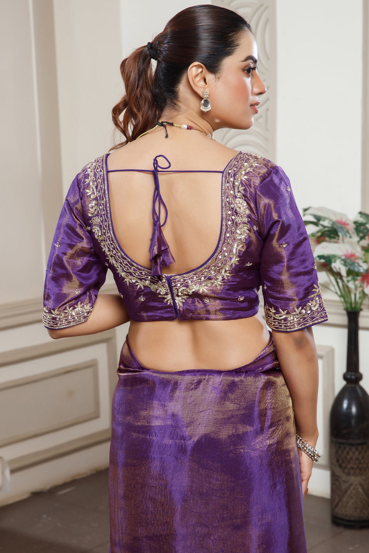 Violet Purple Tissue Dola Silk Saree with Readymade Blouse and Applique Cutdana Work - purple silk saree