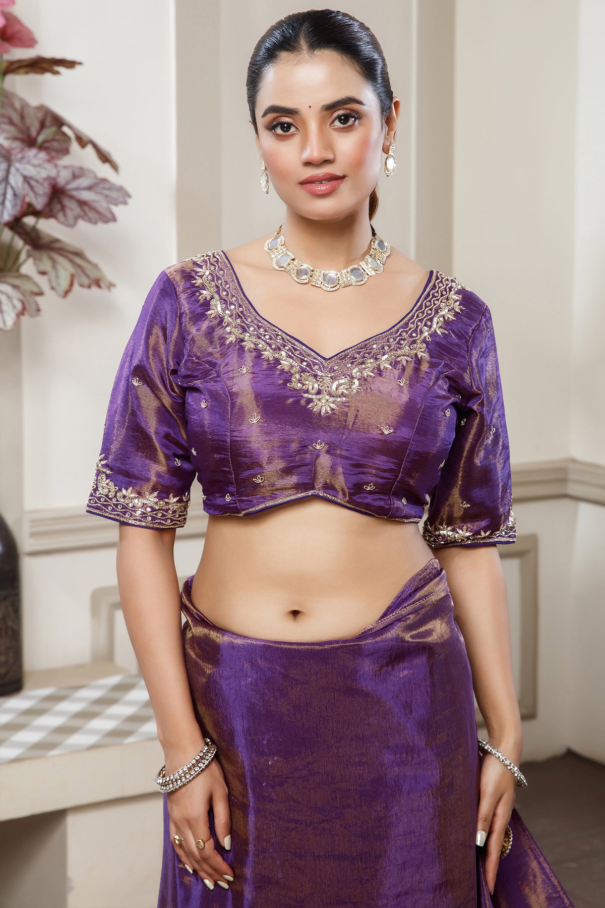 Violet Purple Tissue Dola Silk Saree with Readymade Blouse and Applique Cutdana Work - purple silk saree