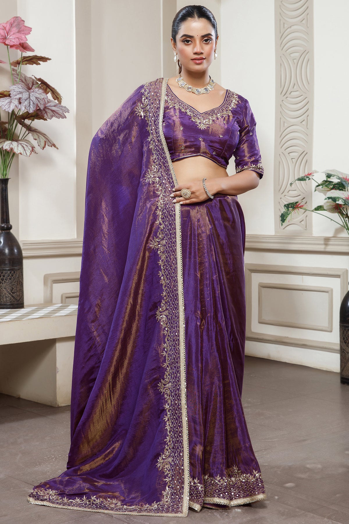 Violet Purple Tissue Dola Silk Saree with Readymade Blouse and Applique Cutdana Work - purple silk saree