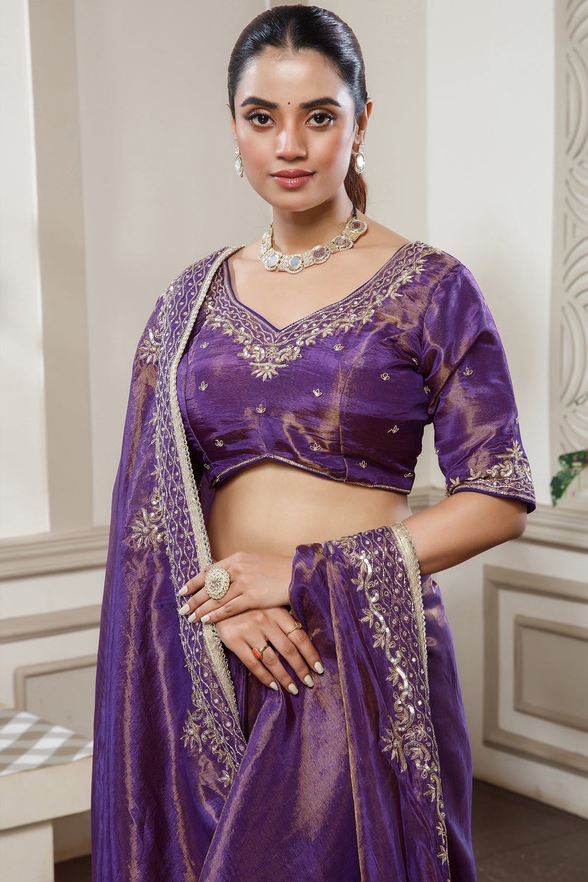 Violet Purple Tissue Dola Silk Saree with Readymade Blouse and Applique Cutdana Work - purple silk saree
