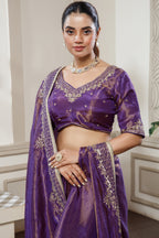 Violet Purple Tissue Dola Silk Saree with Readymade Blouse and Applique Cutdana Work - purple silk saree