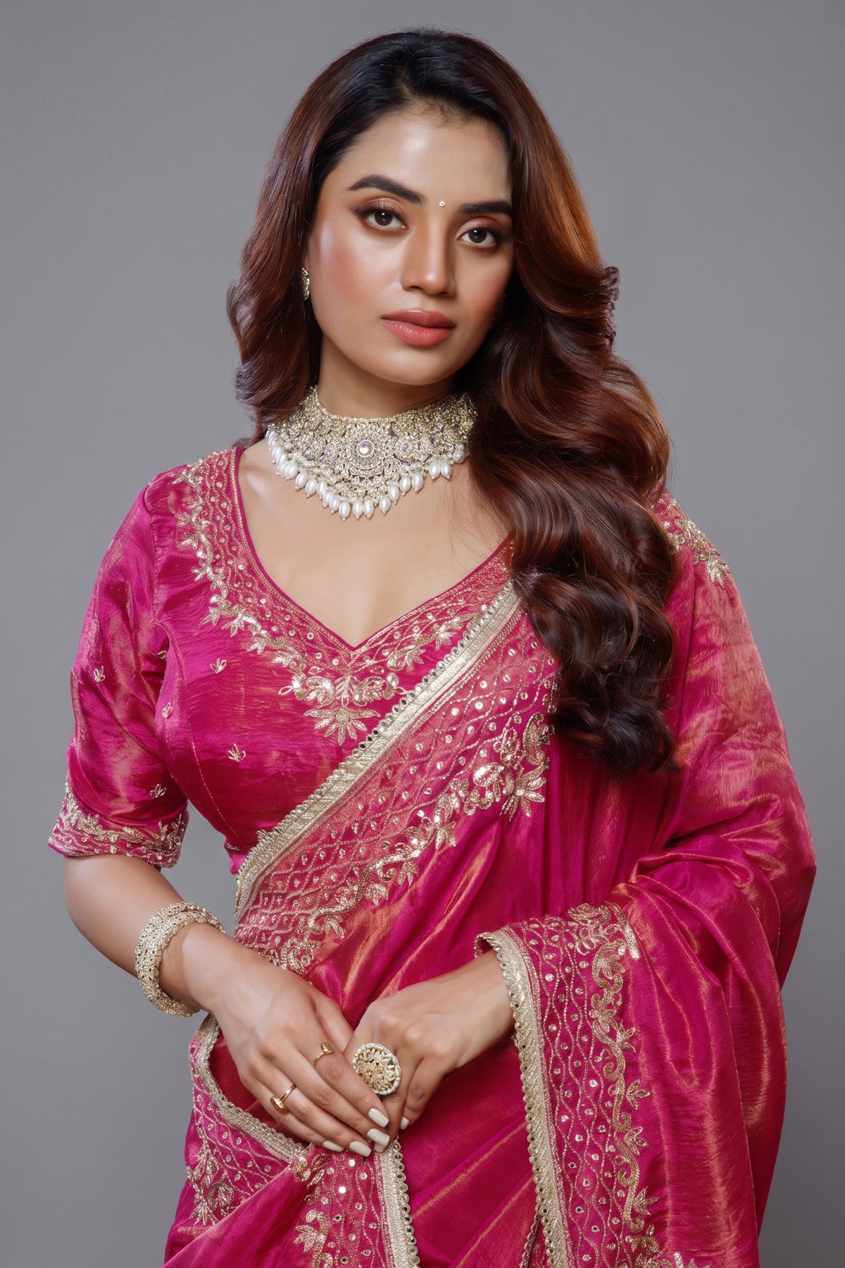 Saree with Readymade Rani Pink Blouse