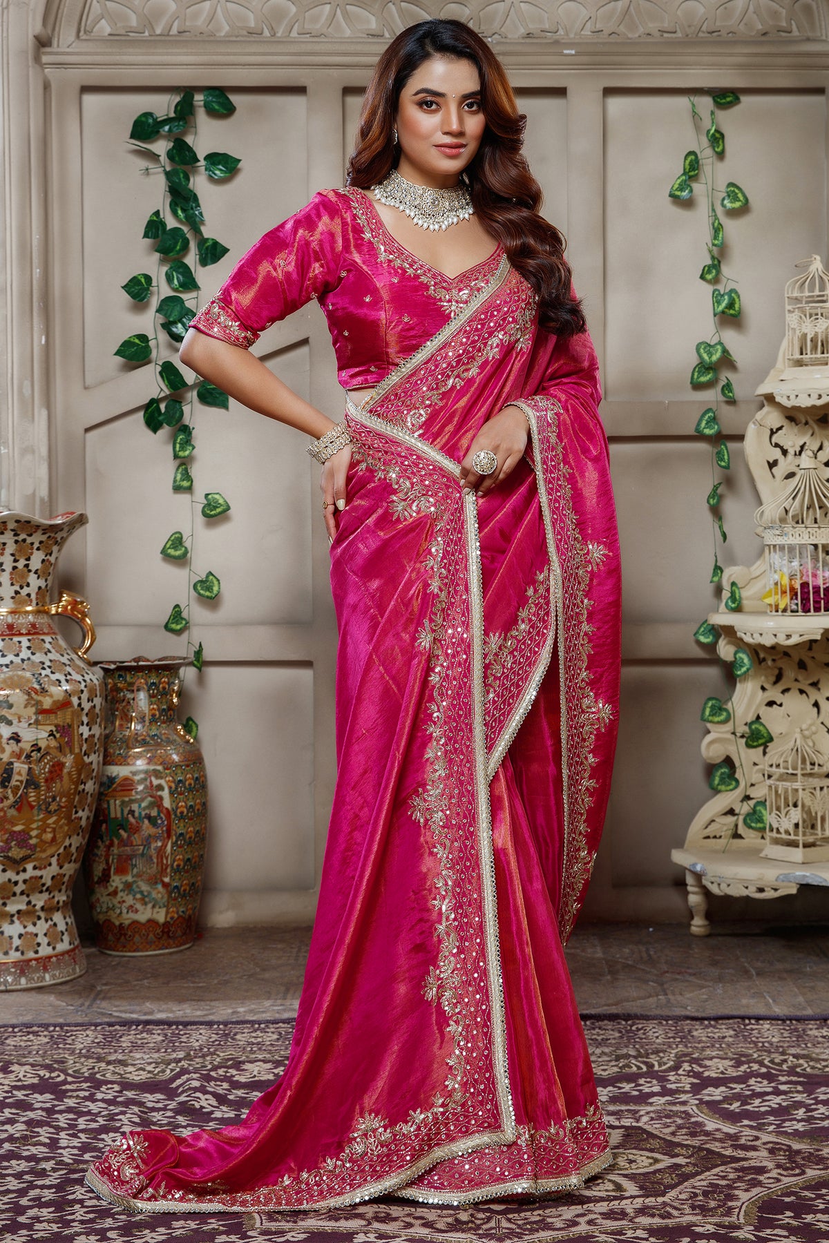 Rani Pink Tissue Dola Silk Saree with Readymade Blouse and Applique Cutdana Work - pink silk saree