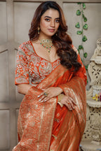 Orange Gaji Silk Woven Saree with Handworked Readymade Blouse - orange silk saree