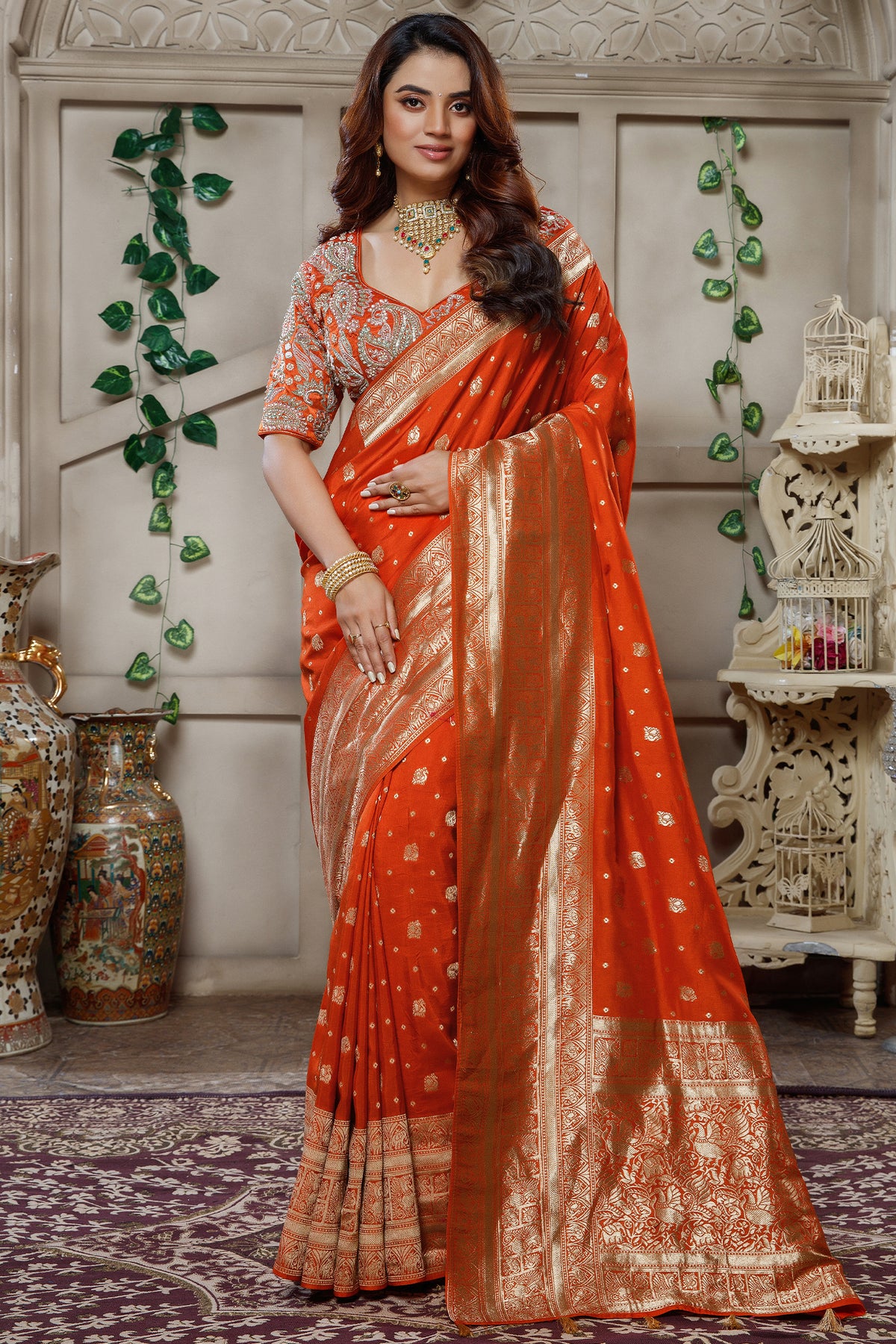 Orange Gaji Silk Woven Saree with Handworked Readymade Blouse - orange silk saree