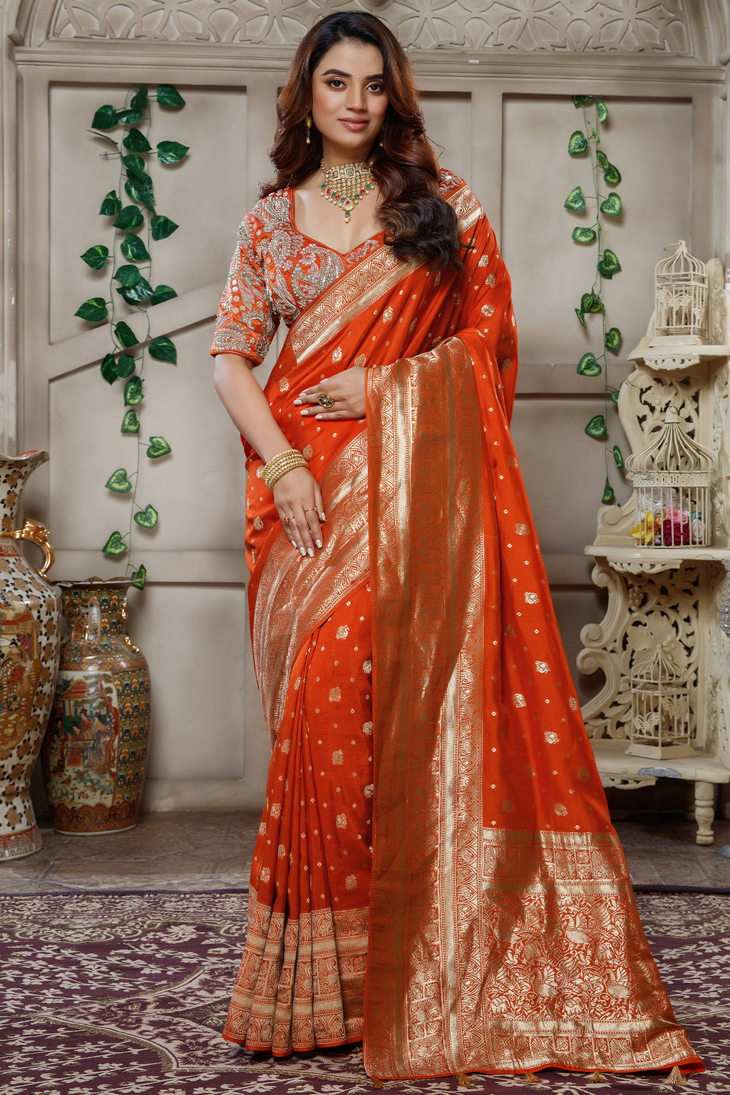 Orange Gaji Silk Woven Saree with Handworked Readymade Blouse - orange silk saree