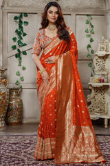 Orange Gaji Silk Woven Saree with Handworked Readymade Blouse - orange silk saree