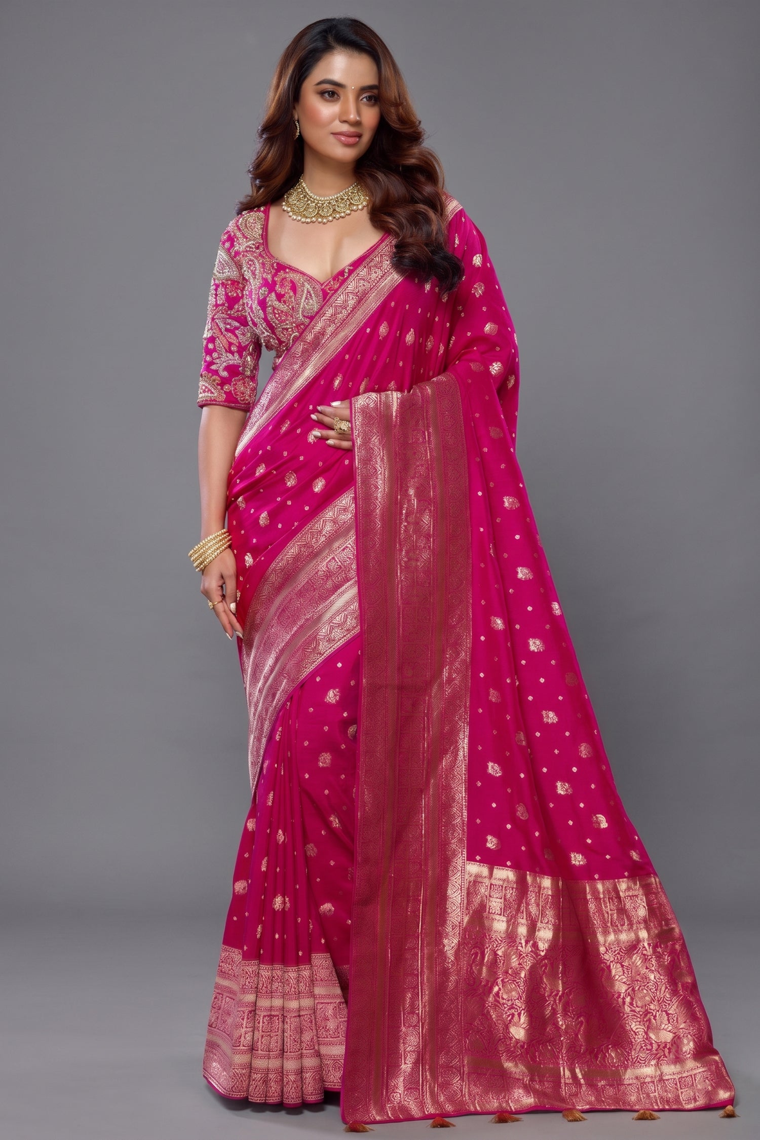 Dark Rani Pink Gaji Silk Woven Saree Main image