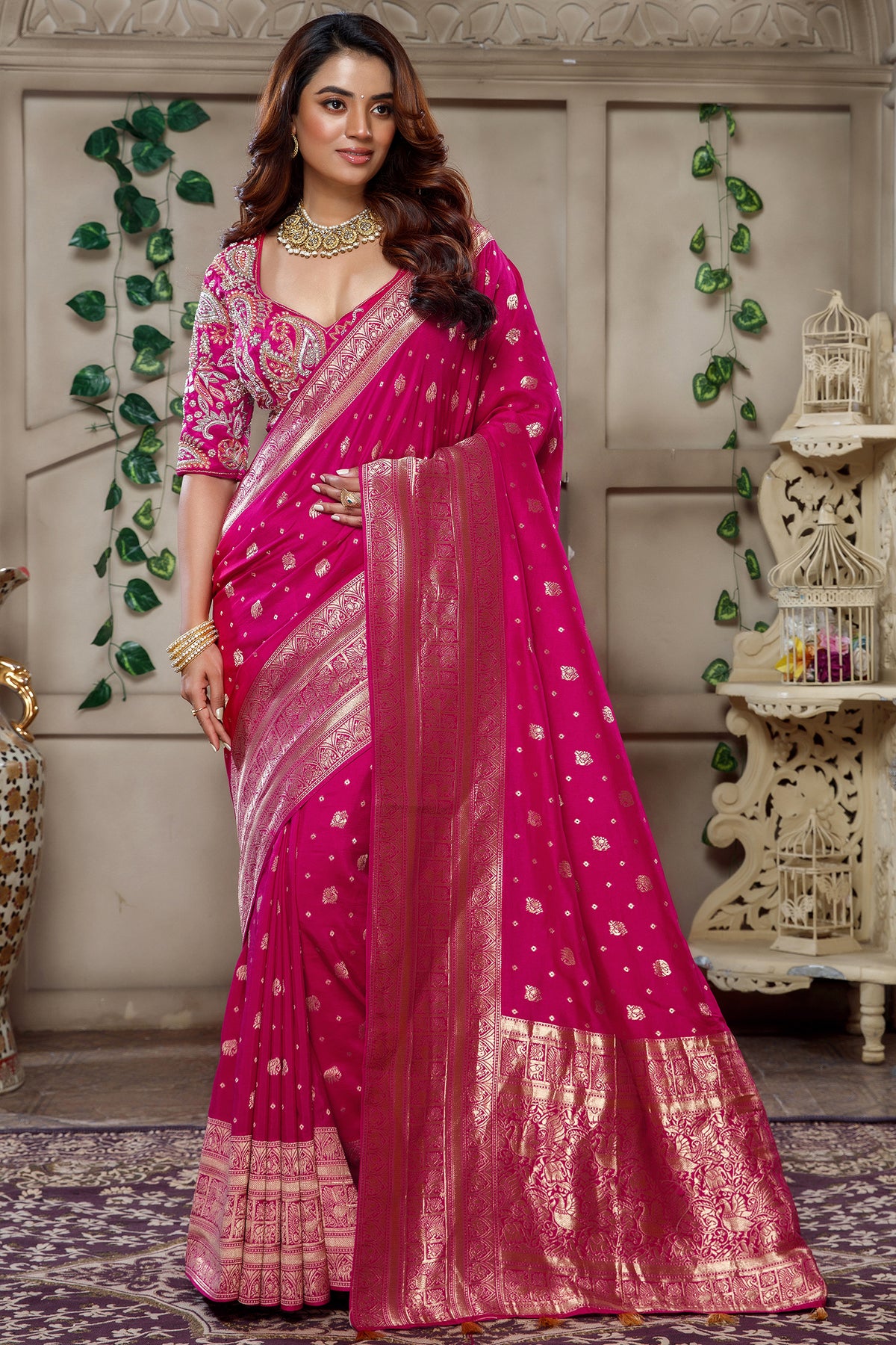 Dark Rani Pink Gaji Silk Woven Saree with Handworked Readymade Blouse - pink silk saree