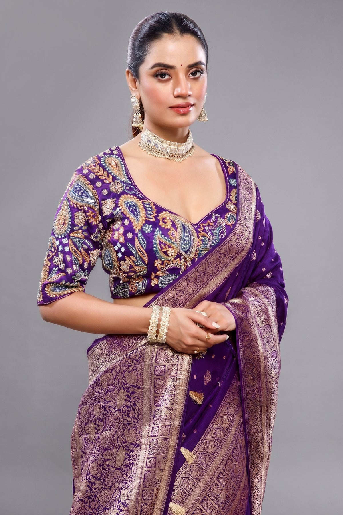 Saree with Readymade Deep Purple Blouse
