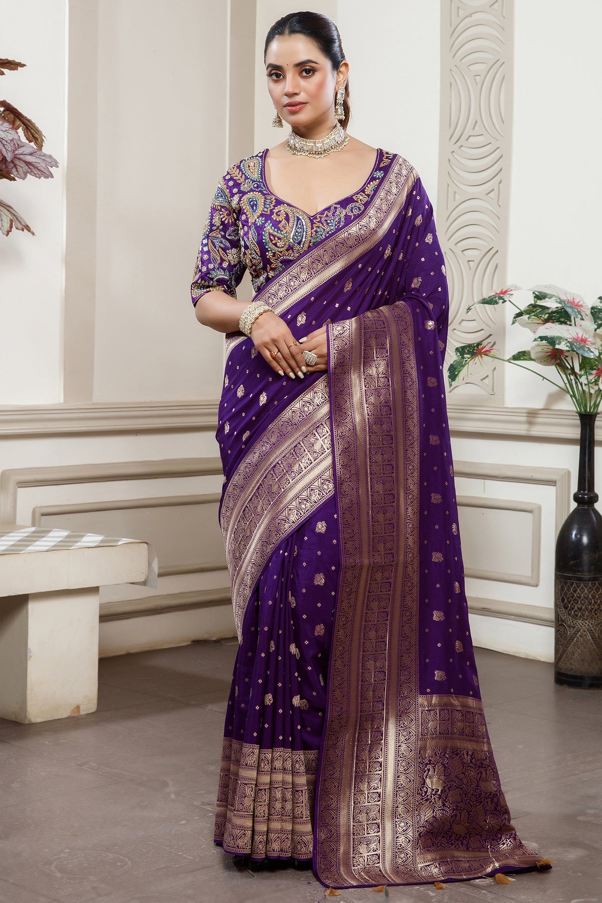 Deep Purple Gaji Silk Woven Saree with Handworked Readymade Blouse - purple silk saree