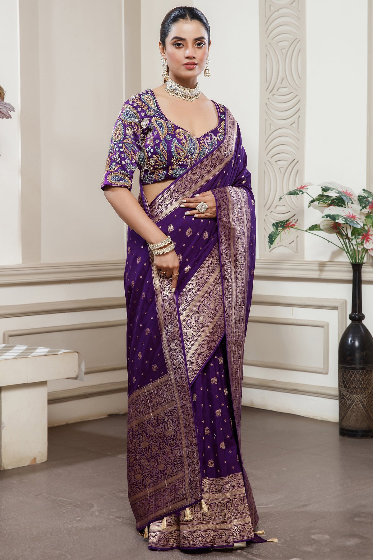 Deep Purple Gaji Silk Woven Saree with Handworked Readymade Blouse - purple silk saree