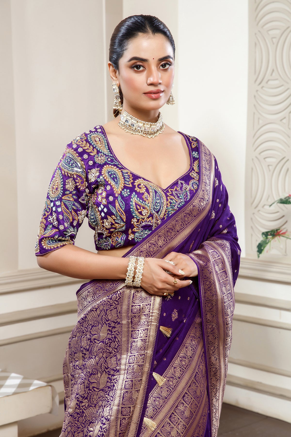 Deep Purple Gaji Silk Woven Saree with Handworked Readymade Blouse - purple silk saree