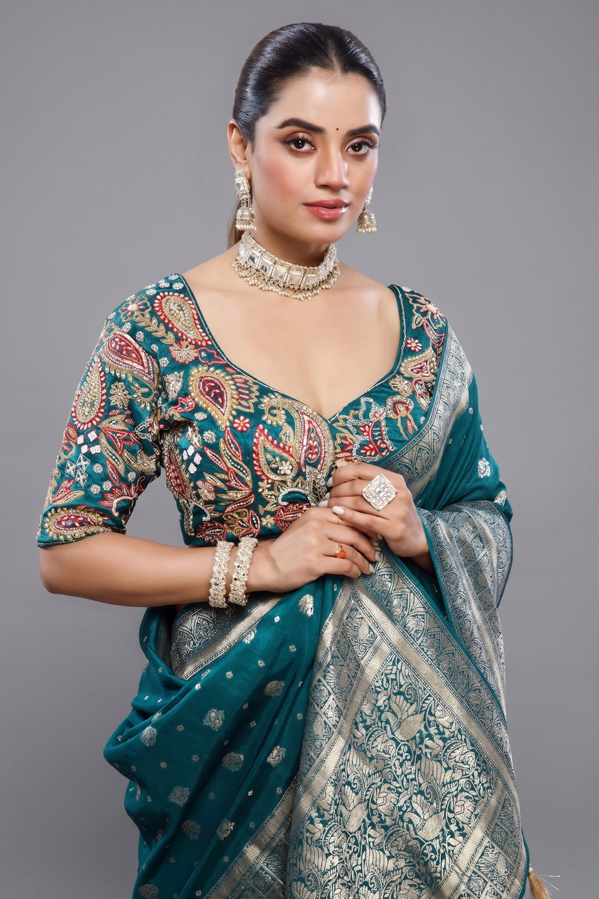 Saree with Readymade Teal Blue Blouse