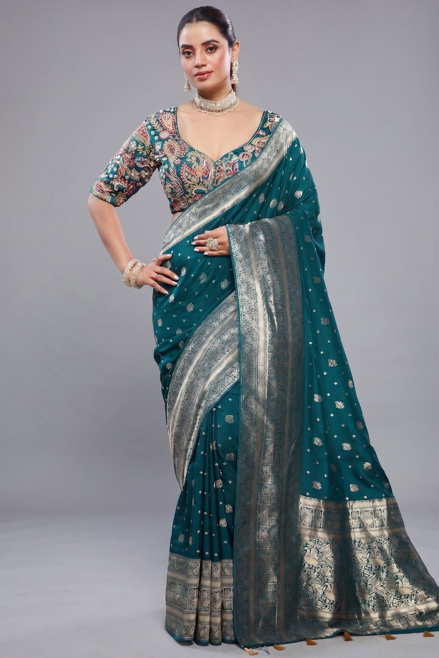 Teal Blue Gaji Silk Woven Saree Main image
