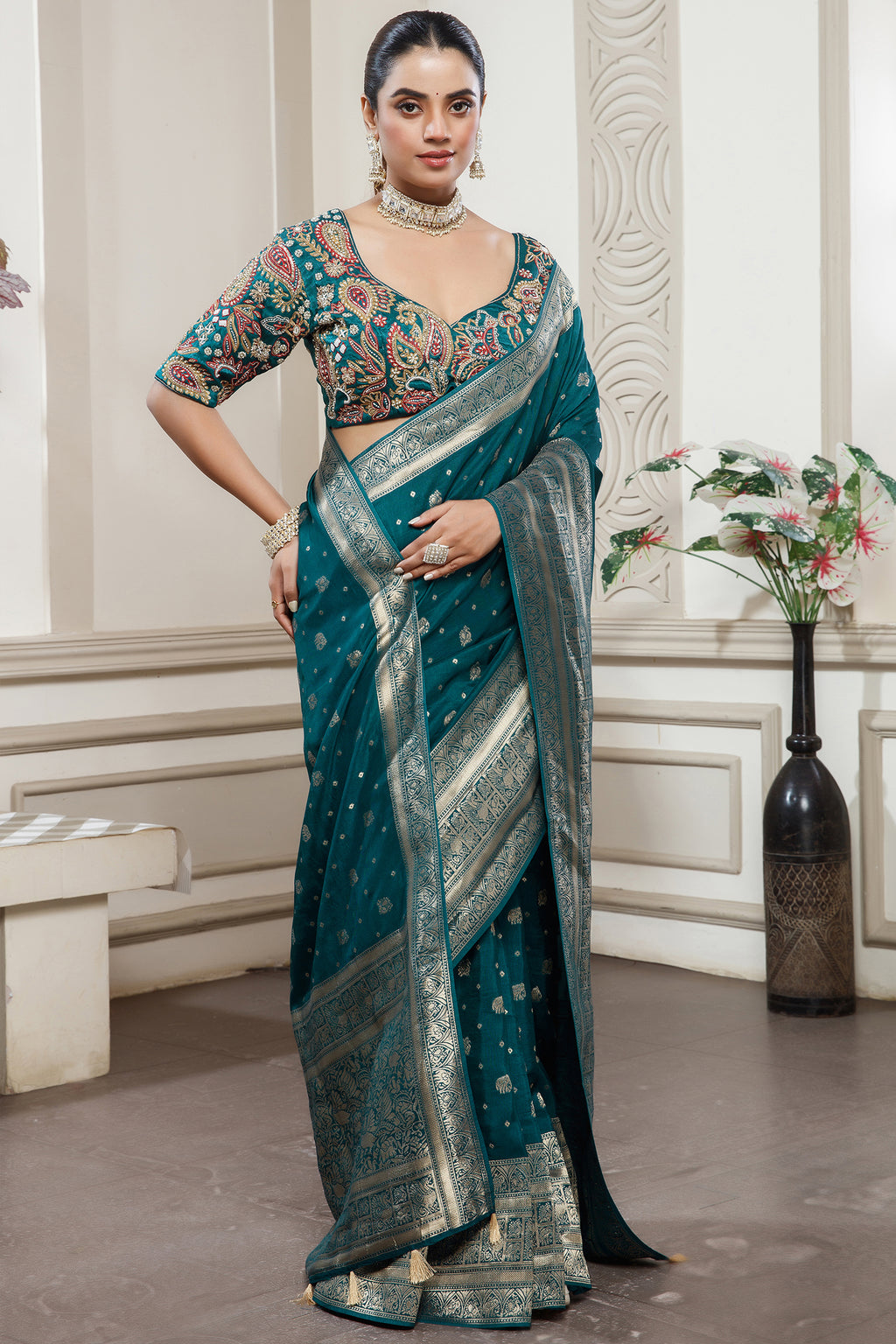 Teal Blue Gaji Silk Woven Saree with Handworked Readymade Blouse - blue silk saree