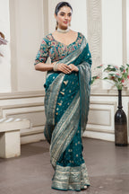 Teal Blue Gaji Silk Woven Saree with Handworked Readymade Blouse - blue silk saree