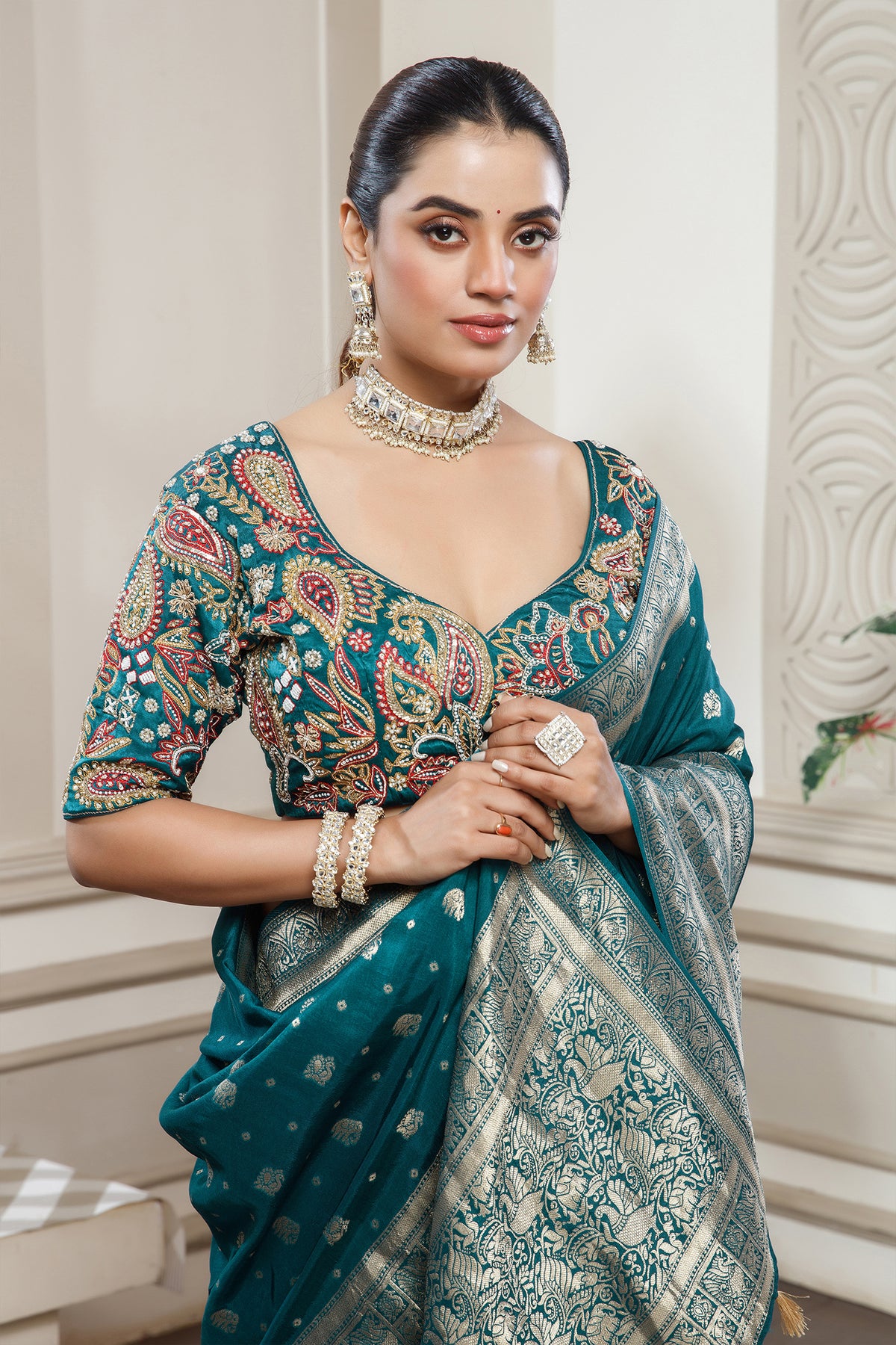 Teal Blue Gaji Silk Woven Saree with Handworked Readymade Blouse - blue silk saree