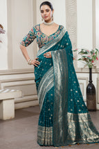 Teal Blue Gaji Silk Woven Saree with Handworked Readymade Blouse - blue silk saree