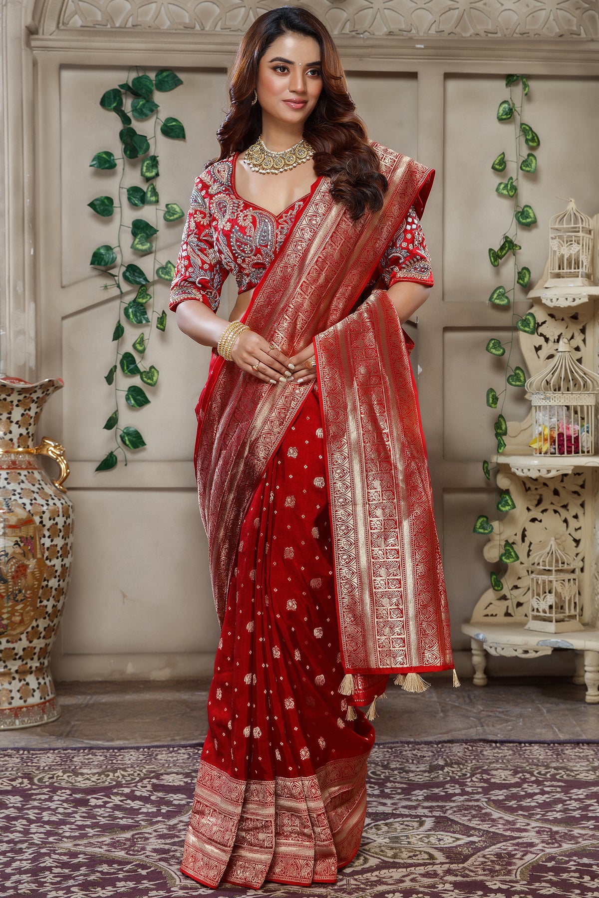 Red Gaji Silk Woven Saree with Handworked Readymade Blouse - red silk saree